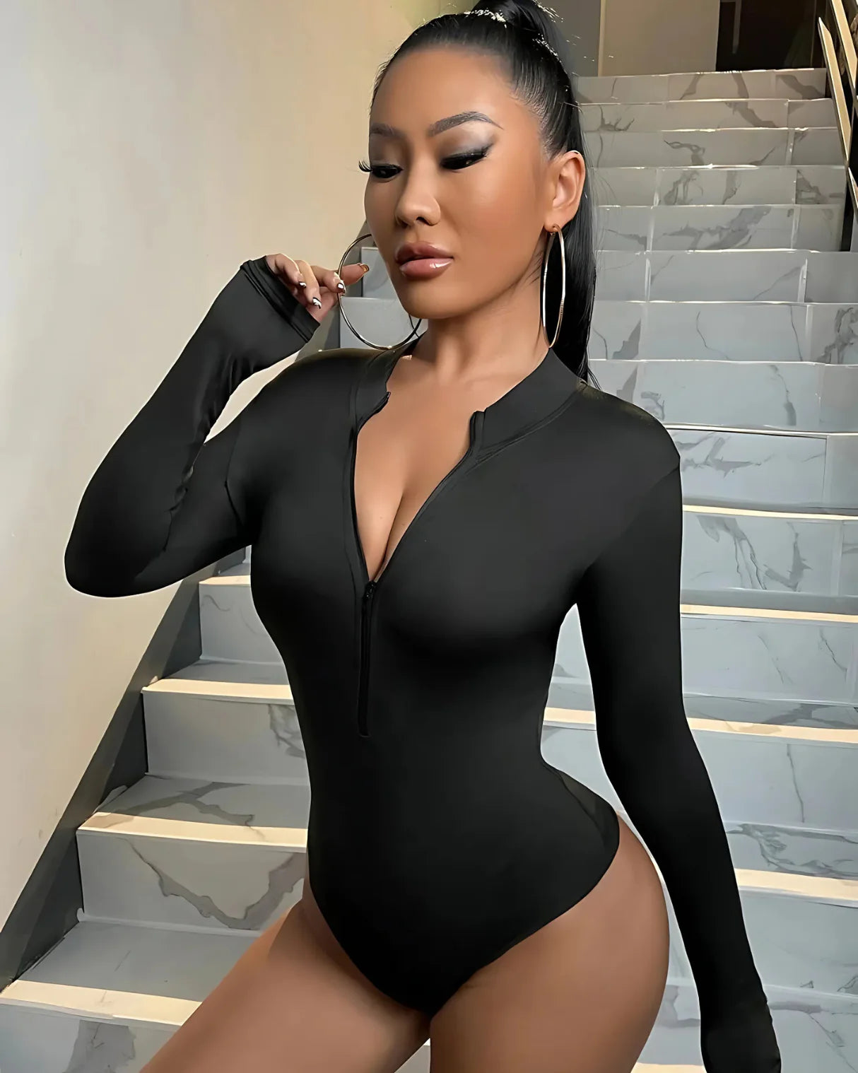 Long sleeve zip up high neck black bodysuit